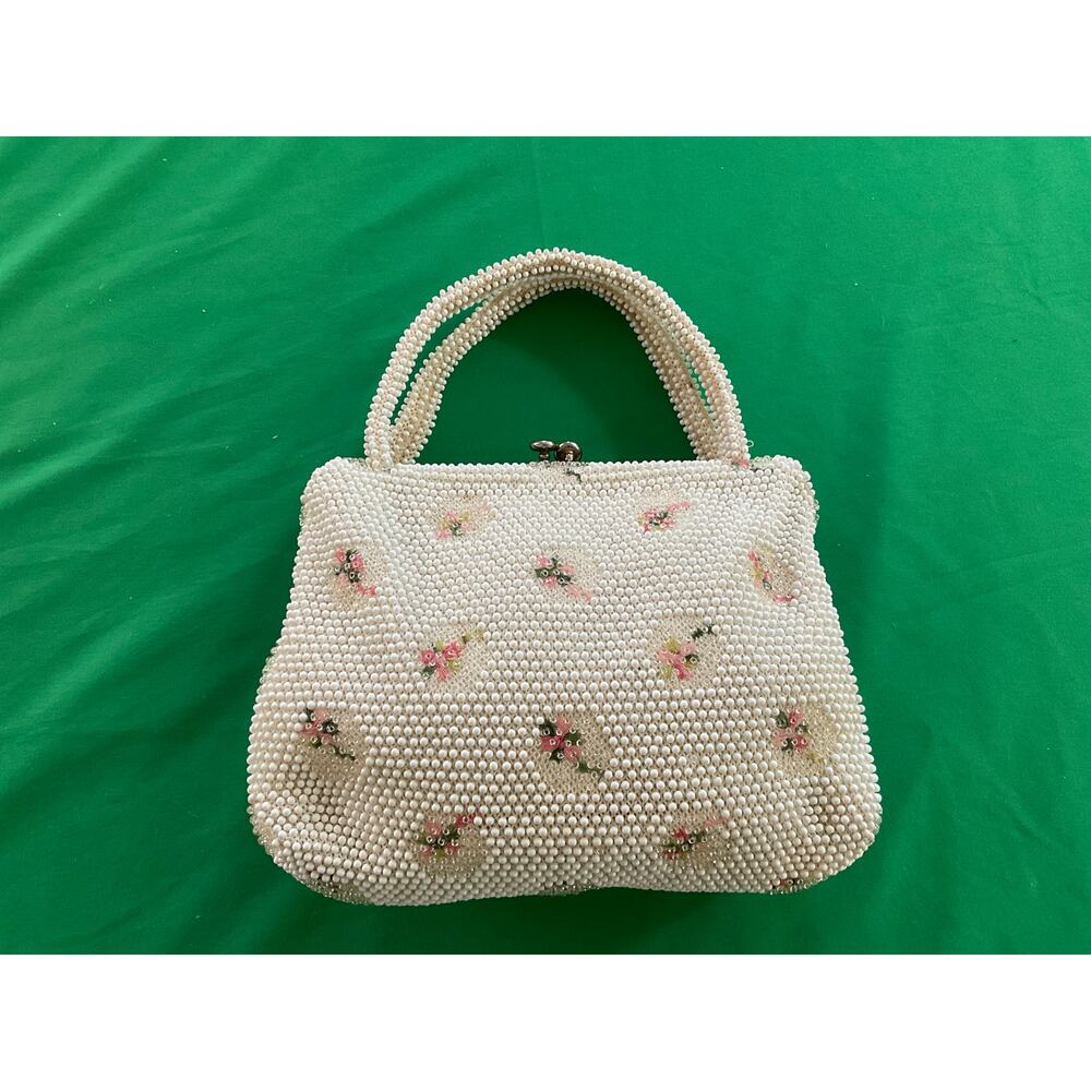 Vintage 1950’s Corde Bead Lumured Ivory Floral Clutch Handbag Purse With Handle - Picture 3 of 10